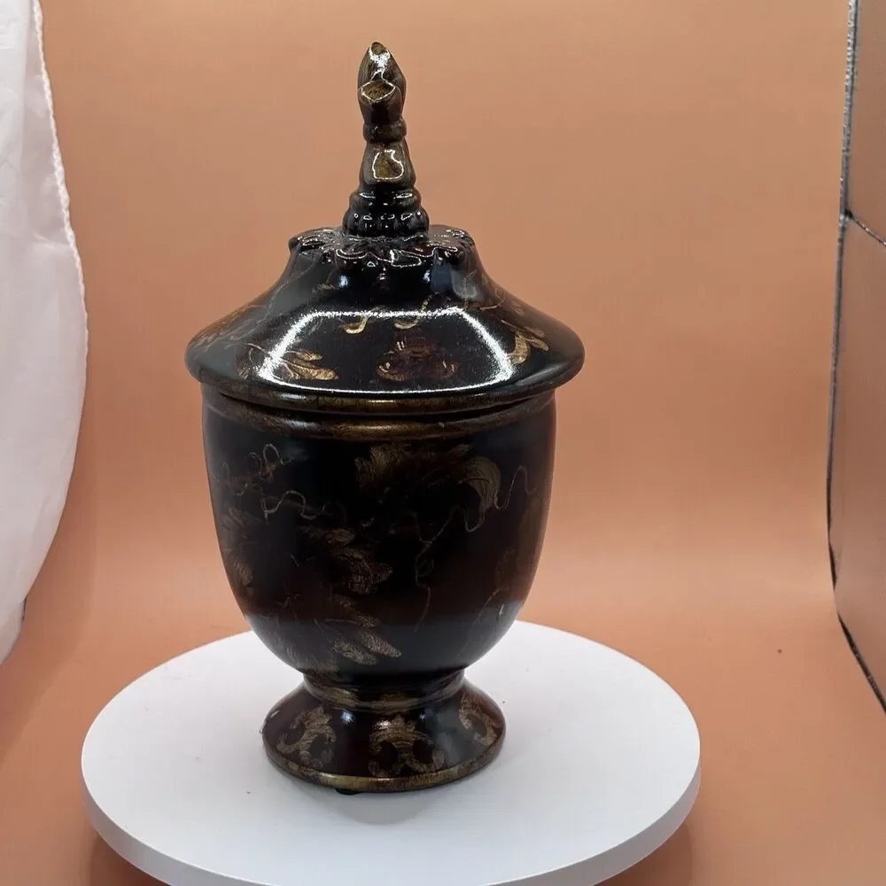 Decorative Black Lidded Urn Canister Gold Acorn Oak Leaf Harvest Decor 12